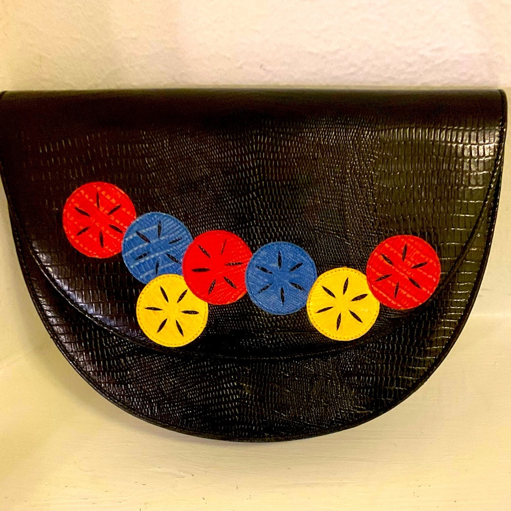 Sacha London Vintage Clutch Black Leather with Floral/Sand Dollar Design